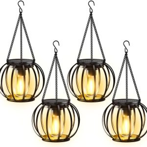 KOOPER Solar Lanterns Outdoor Waterproof, 4 Pack Upgraded Metal Hanging Solar Lights Outdoor Lanterns, Brighter Auto On/Off Outdoor Hanging Lantern for Yard Patio Pathway Porch Garden Decor